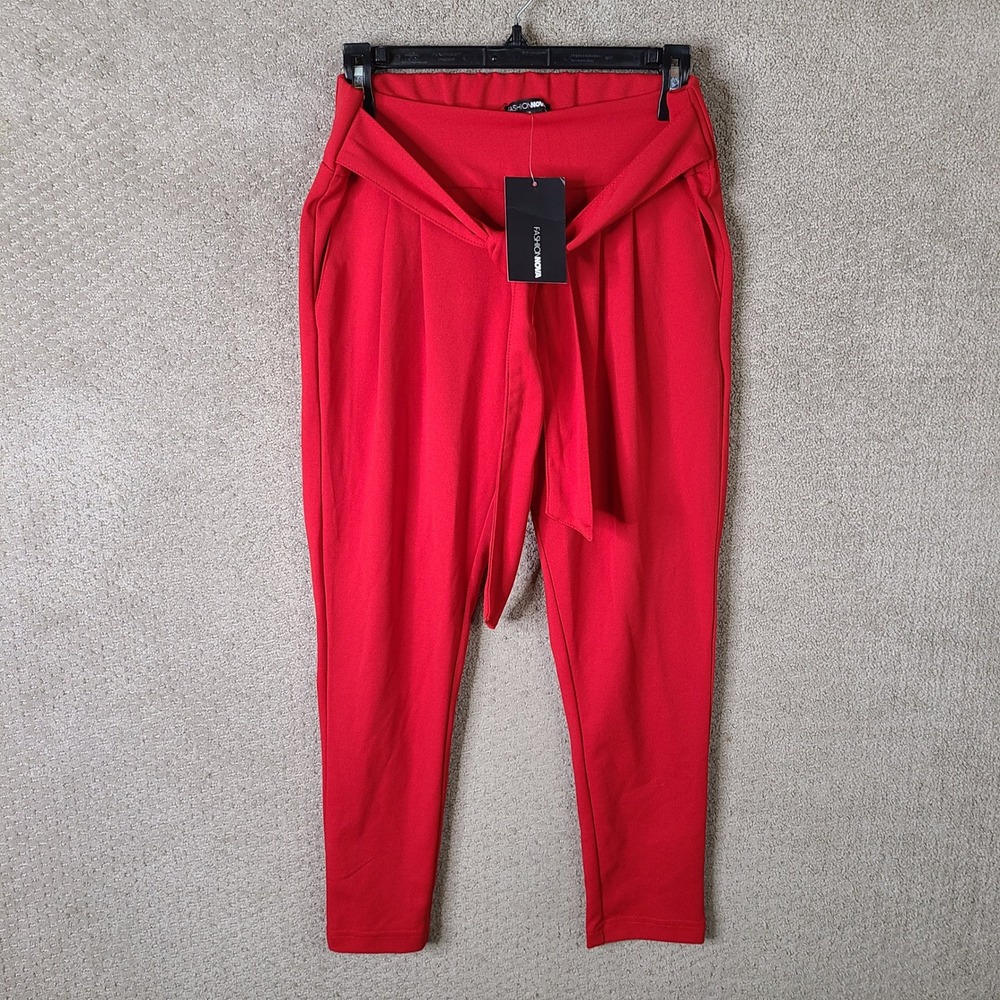 Fashion Nova‎ Booked And Busy Pants Womens S Red Skinny Printed Flare Belted NEW